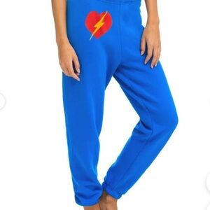 Aviator Nation Blue Joggers with Red Heart and Yellow Lightning Bolt